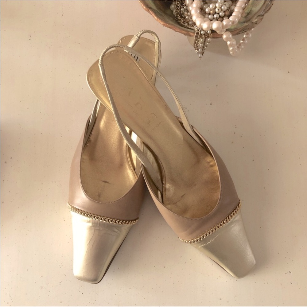 Genuine 2 tone leather Kitten Heel Elongated Square Gold Cap Toe Slingback shoes